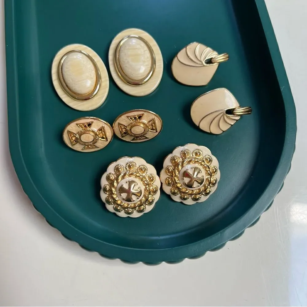 4 Pairs Mixed Decades 1950s - 1980s Large Cream Enamel Gold Toned Clip Earrings